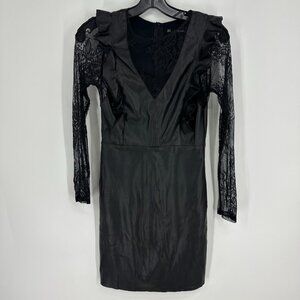 Zara Faux Leather Dress Lace Ruffle Mini Cocktail Sheath Black Sheer Long Sleeve